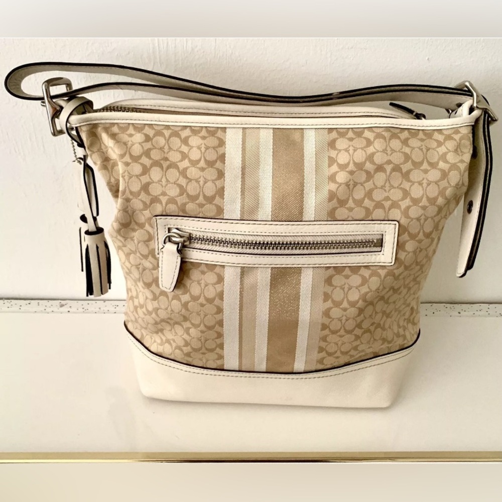 COACH bag LEGACY 2012 NWT condition Duffle Khaki Ivory Signature Glitter Stripe - Picture 2 of 10